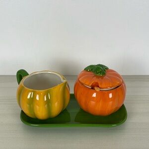 5 Piece Set Sugar & Creamer With Tray Ceramic Orange Green Kitchen Pumpkin Set